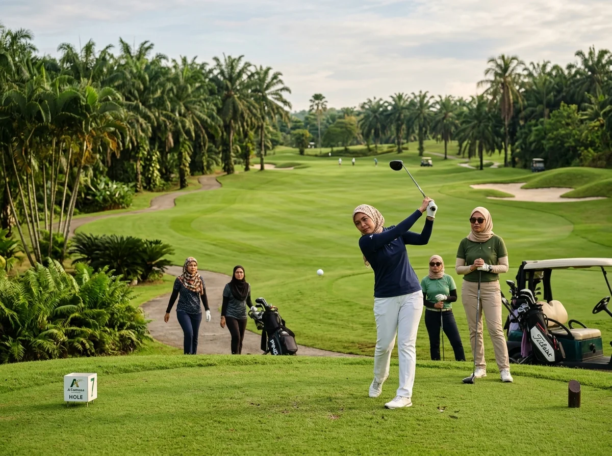 Padang golf championship A'Famosa dikelilingi pokok palma