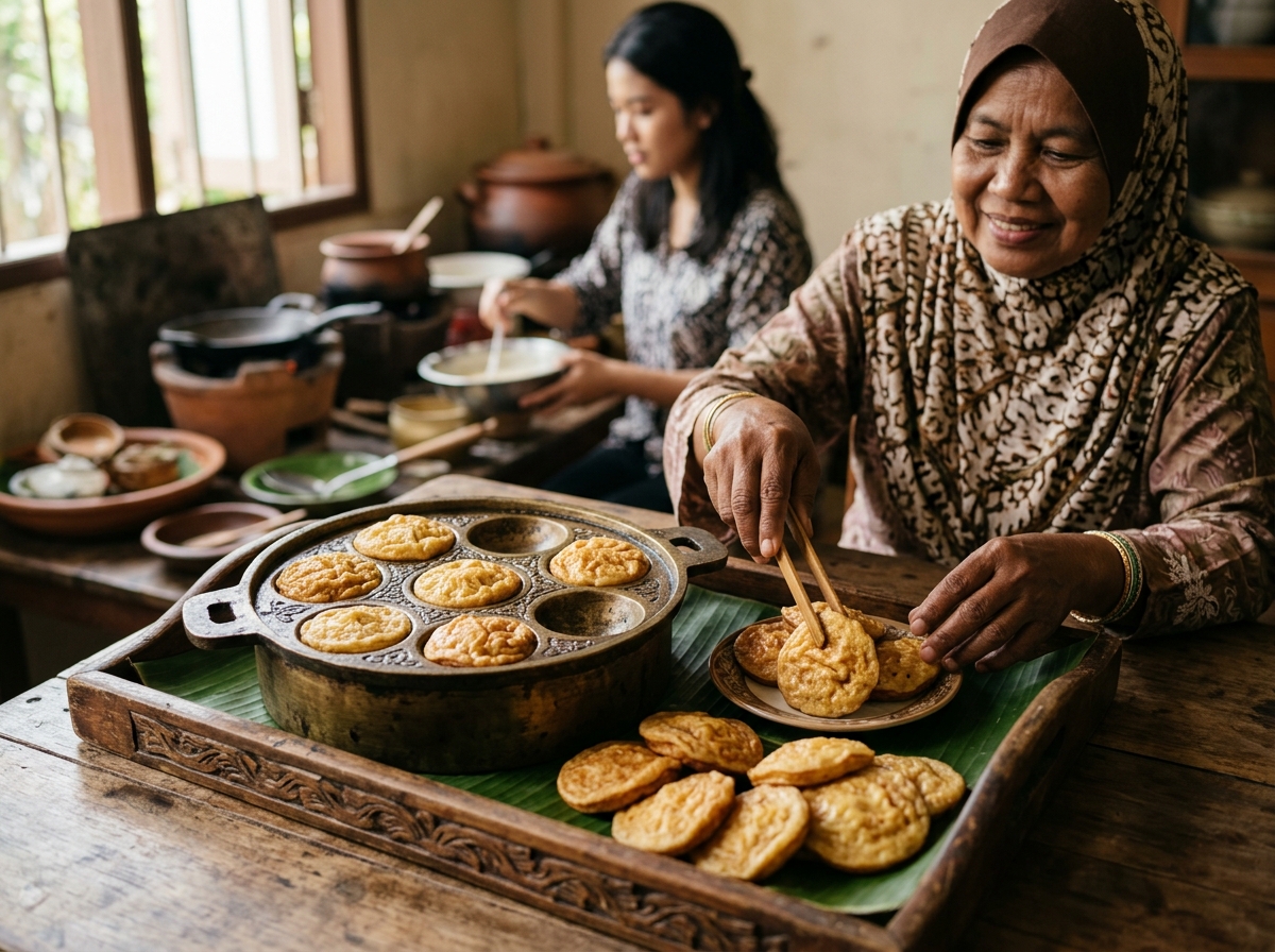 Akok kuih kelapa dalam cawan daun kelapa