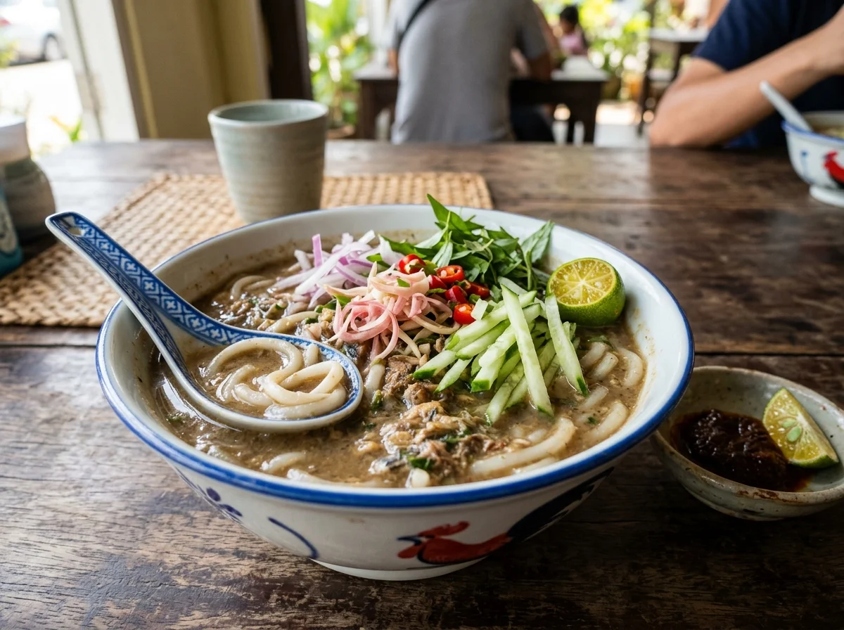 Semangkuk Laksa Perlis dengan kuah ikan pekat
