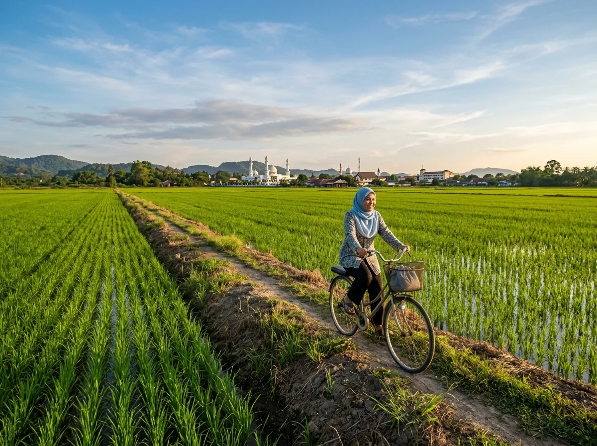 Hamparan sawah padi hijau mengelilingi bandar Arau
