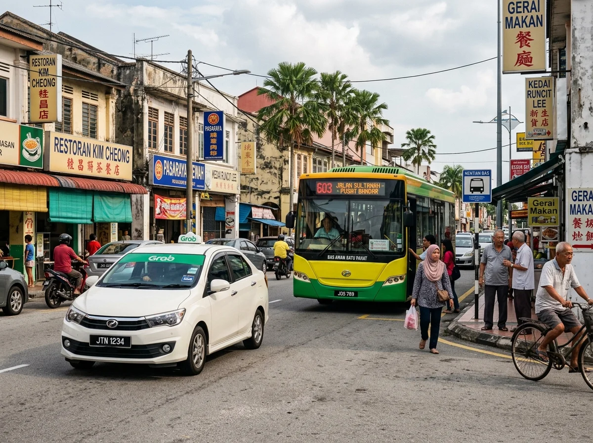 Grab dan bas tempatan di jalan bandar Batu Pahat