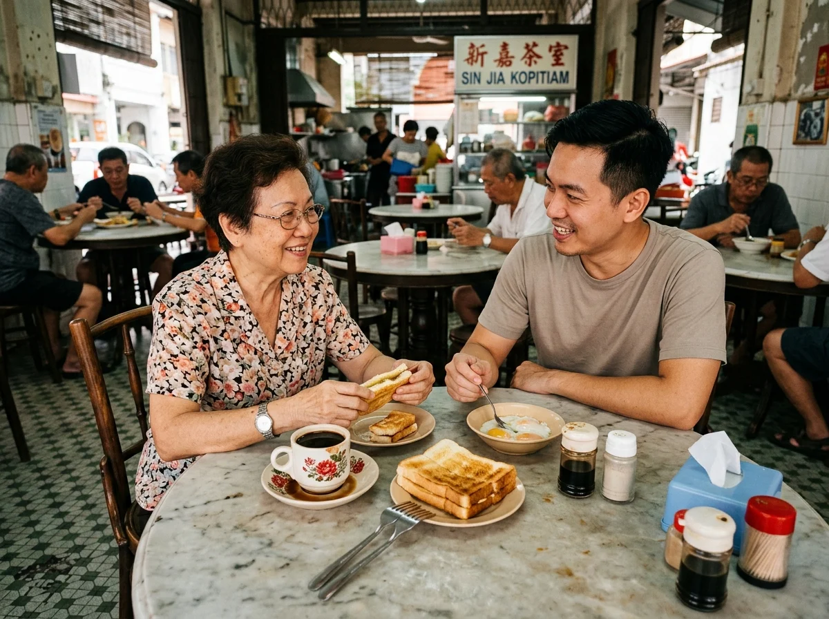 Sarapan kopitiam tradisional kopi dan roti bakar di Batu Pahat