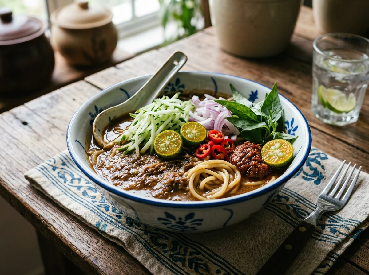 Semangkuk laksa Johor dengan kuah ikan pekat