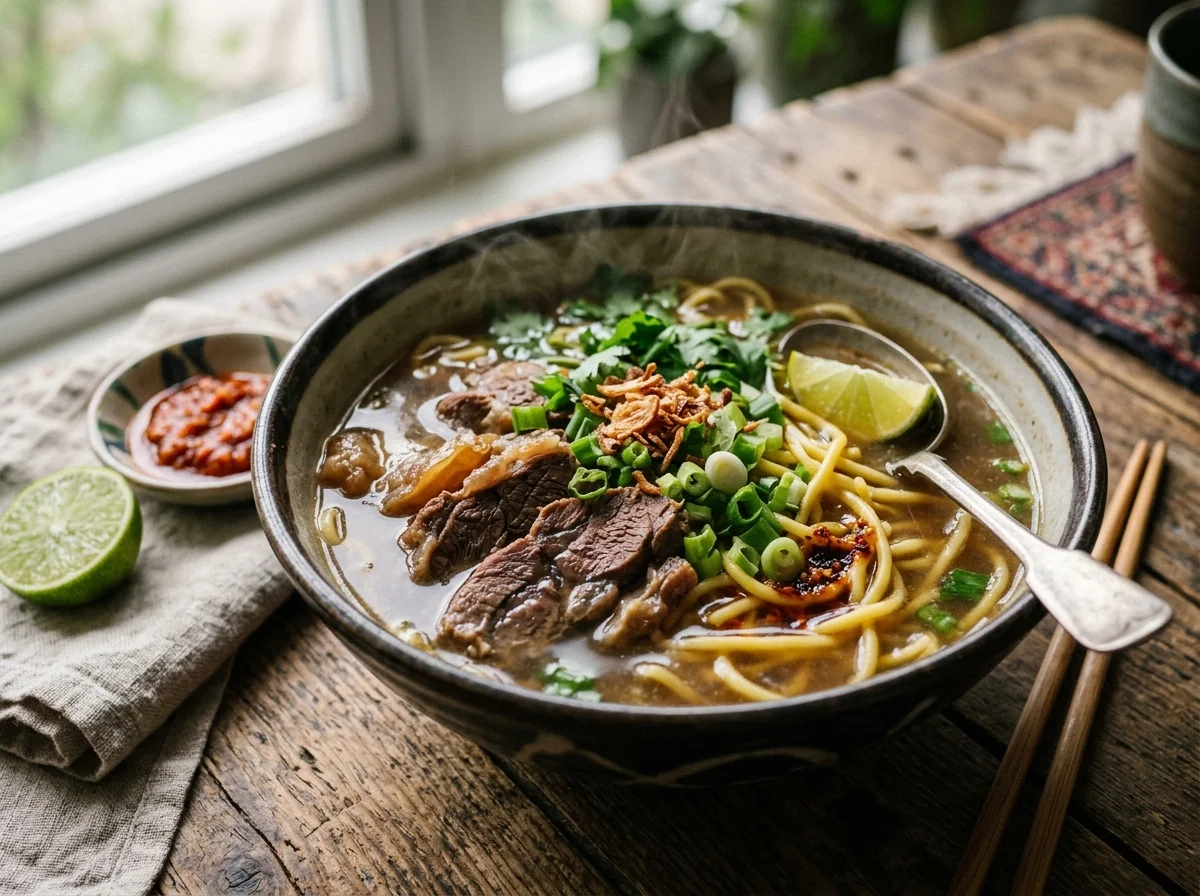 Semangkuk mi sup daging panas