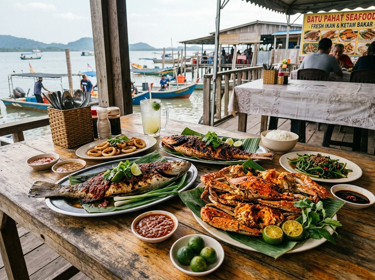 Makanan laut segar bakar di Pantai Minyak Beku Batu Pahat