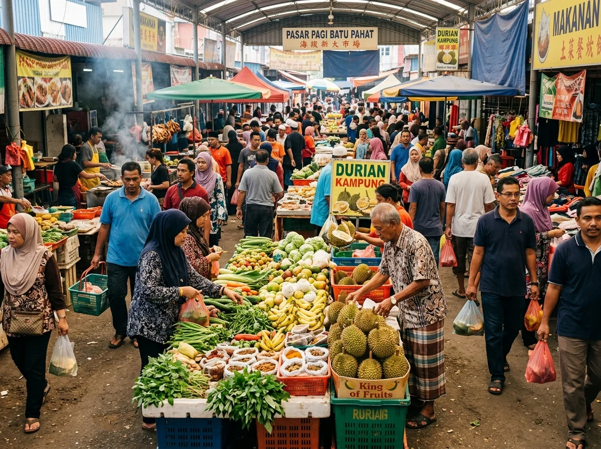 Pasar tempatan Batu Pahat dengan durian dan hasil segar