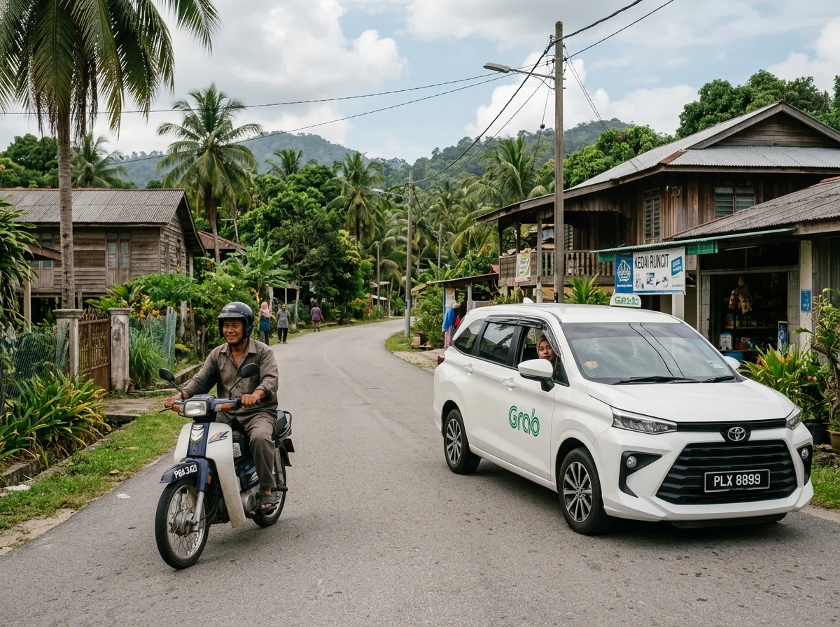 Motosikal dan e-hailing di jalan kampung Balik Pulau