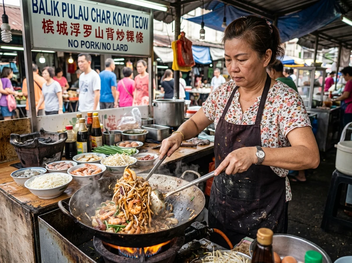 Char koay teow digoreng di gerai pasar Balik Pulau