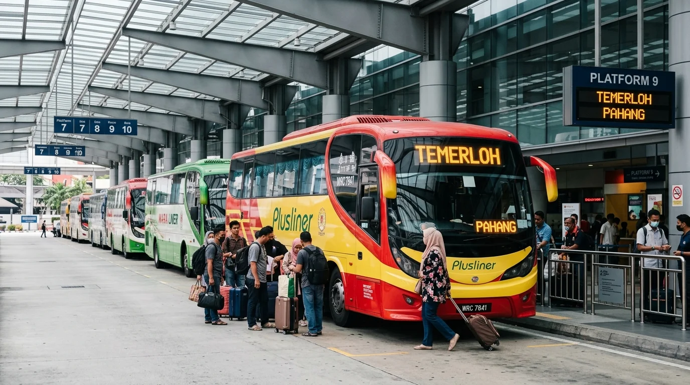 Terminal Bersatu Sentral KL — bas Plusliner beratur untuk perjalanan ke Temerloh, penumpang membeli tiket