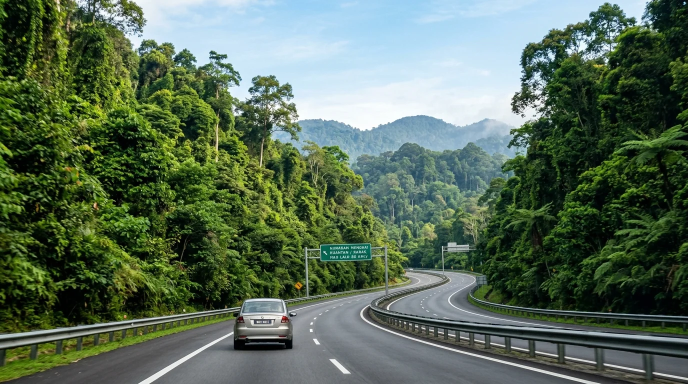 Lebuh raya Karak yang lurus dan lapang menuju Temerloh Pahang, tanda jalan hijau dan pokok hijau di tepi