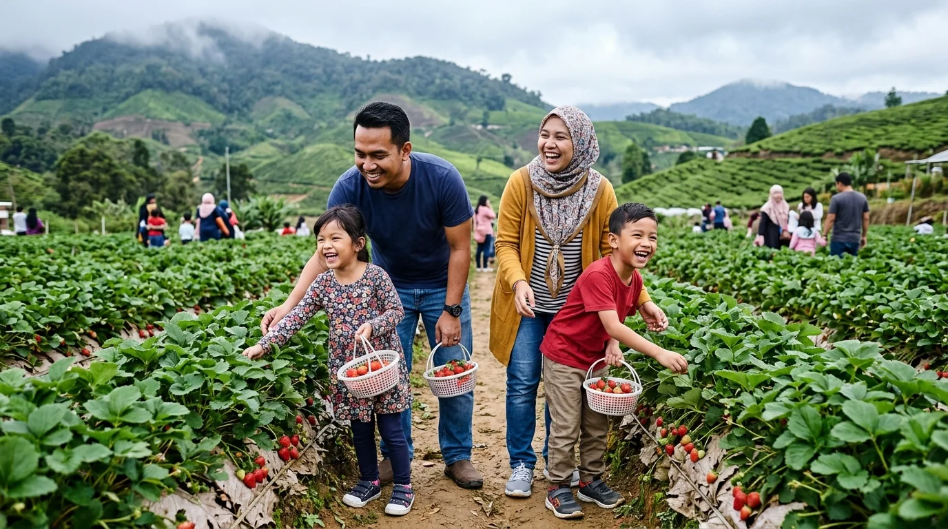 Keluarga Malaysia memetik strawberi di kebun Cameron Highlands semasa cuti sekolah — ibu bapa dan kanak-kanak bergembira bersama