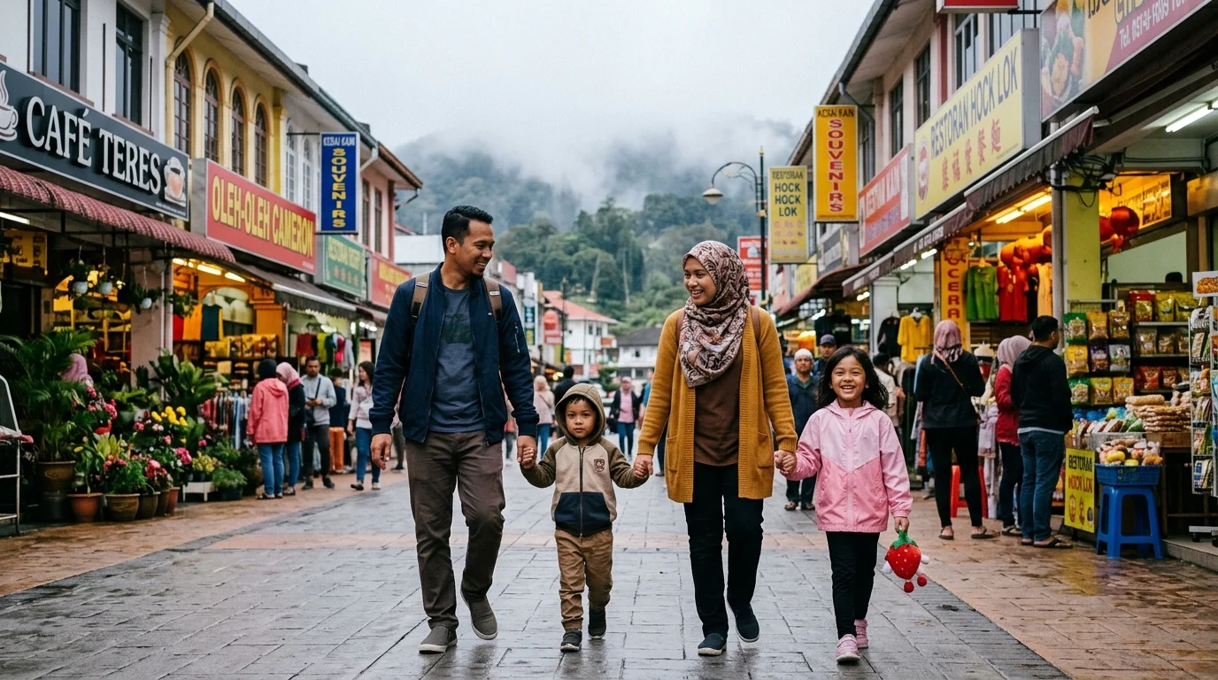 Keluarga Malaysia berjalan-jalan di Tanah Rata Cameron Highlands — ibu bapa dan anak-anak meneroka pekan highland semasa percutian cuti sekolah