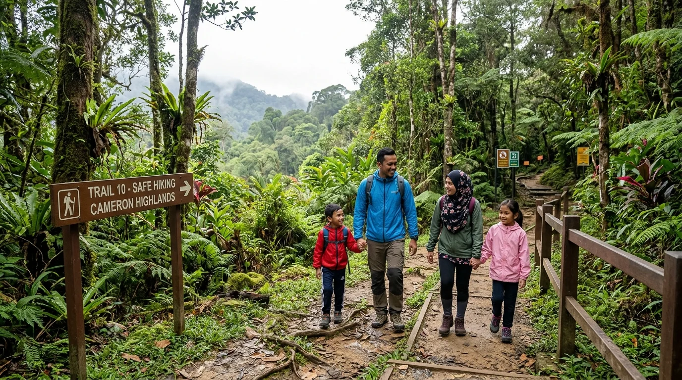 Keluarga Malaysia mendaki trek hutan Cameron Highlands dengan selamat — ibu bapa dan kanak-kanak di laluan hutan yang telah ditanda dengan baik