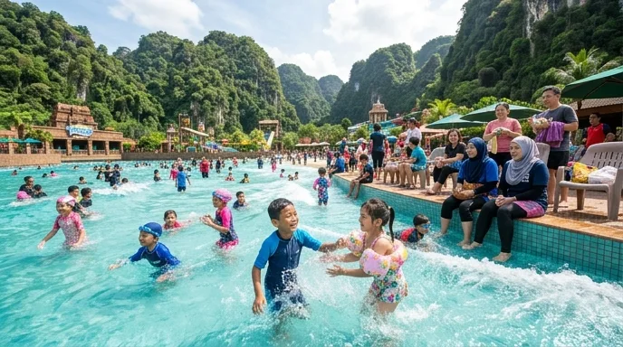 Kanak-kanak Malaysia bermain di Lost World of Tambun semasa cuti sekolah di Ipoh