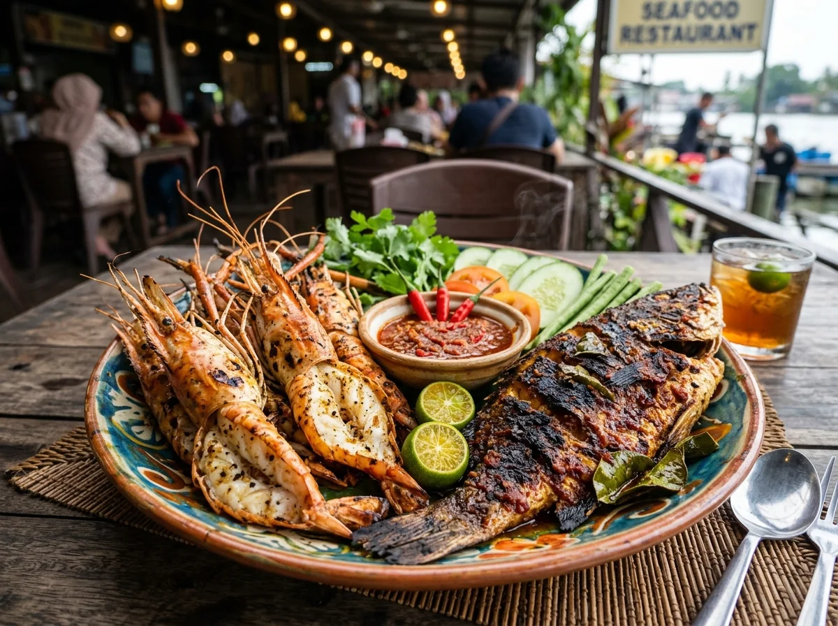 Udang galah dan ikan bakar