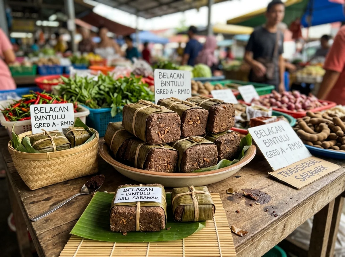 Belacan Bintulu yang terkenal di gerai pasar tempatan