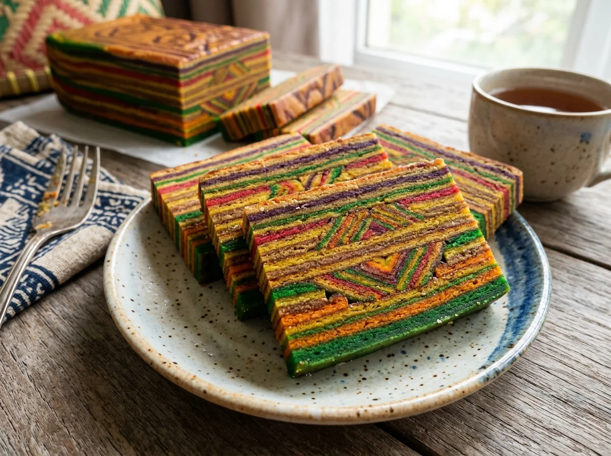 Kek lapis Sarawak berwarna-warni yang dipotong menunjukkan corak