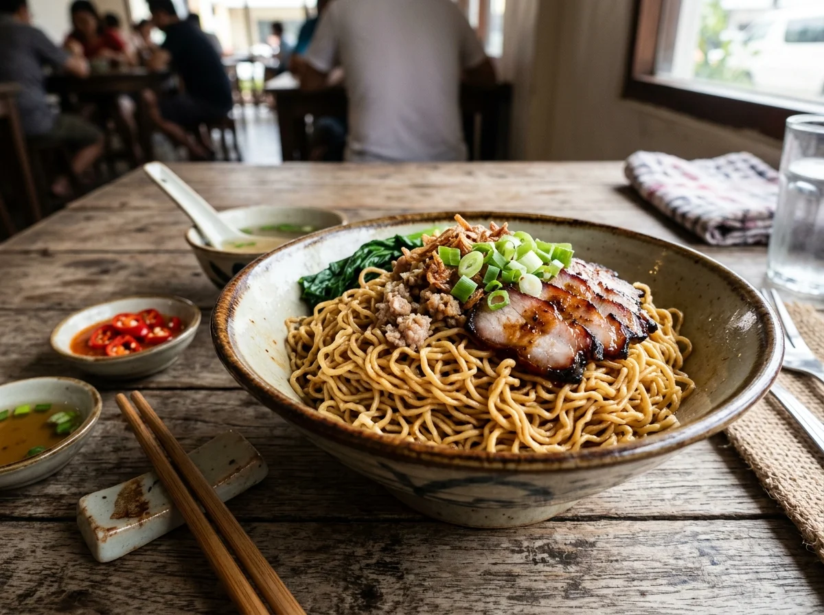 Semangkuk kolo mee Sarawak dengan char siu dan daun bawang
