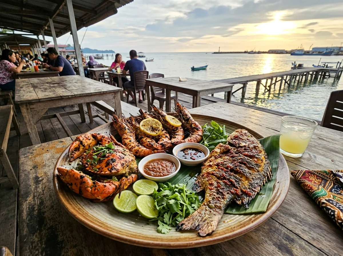Makanan laut segar bakar di Bintulu — udang, ketam dan ikan