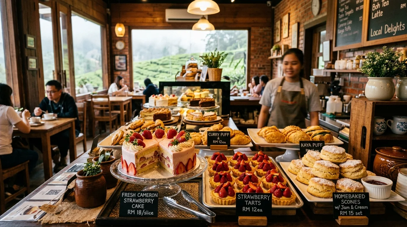 Kek strawberi dan pastri tempatan di kedai Cameron Highlands