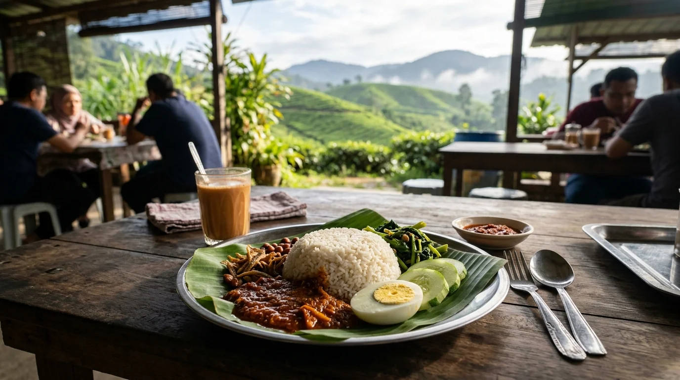Nasi lemak sarapan pagi di warung Cameron Highlands
