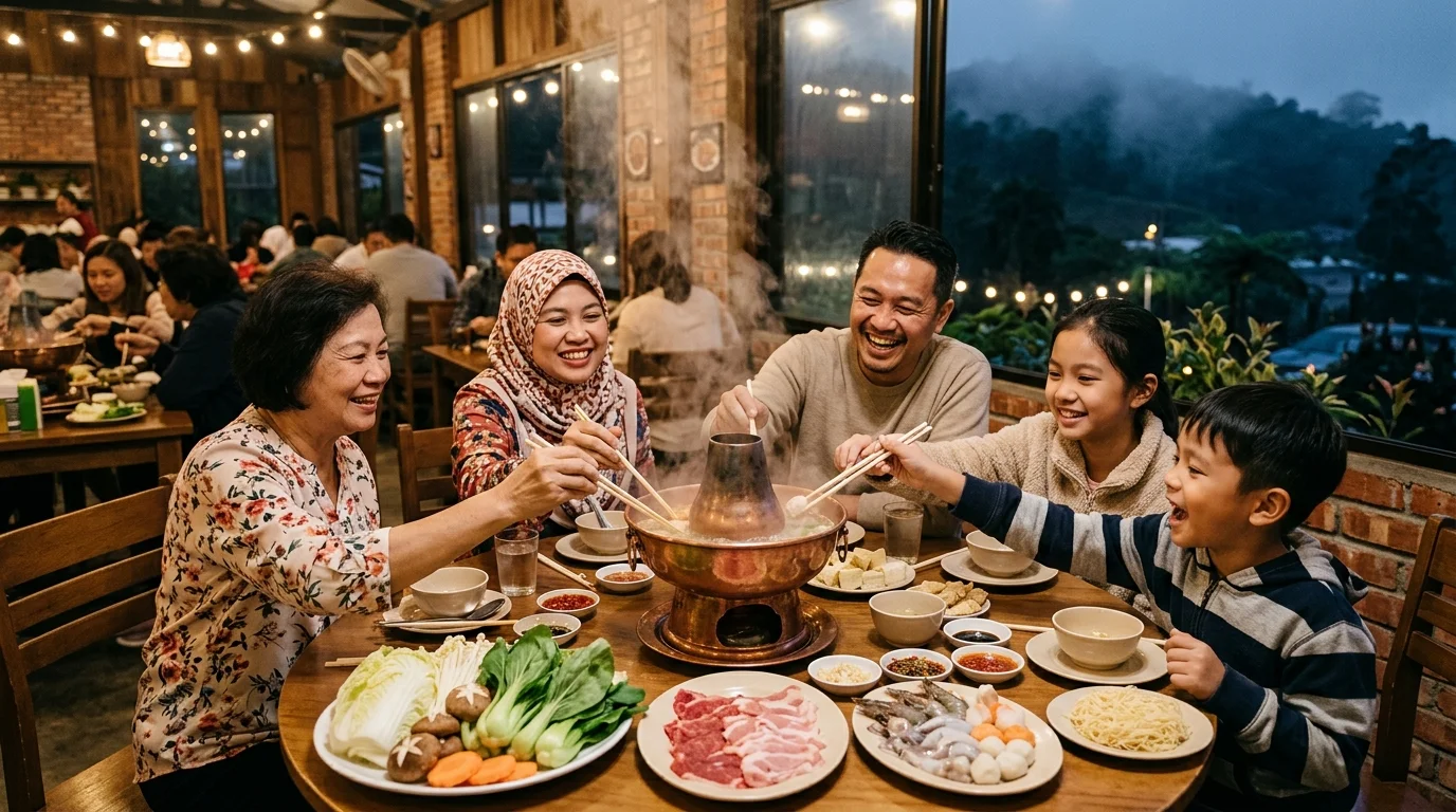 Steamboat hotpot Cameron Highlands, keluarga Malaysia menikmati makan malam steamboat