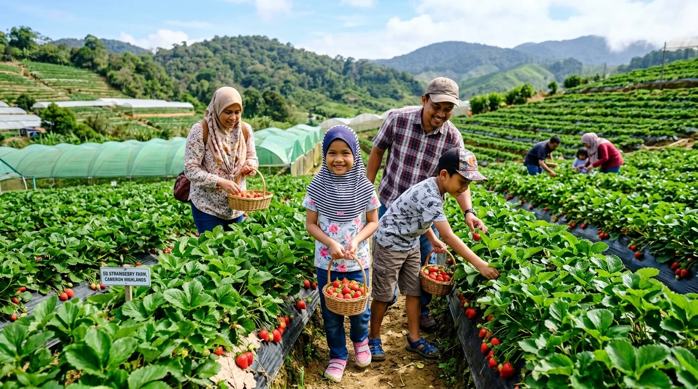 Petik strawberi segar di kebun Cameron Highlands