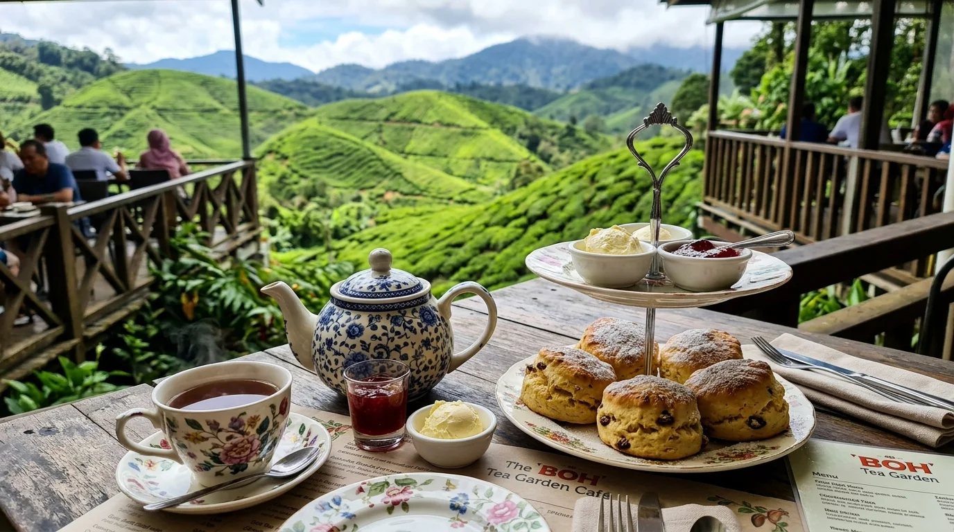 Teh petang tradisi British di Cameron Highlands dengan scones dan teh Boh