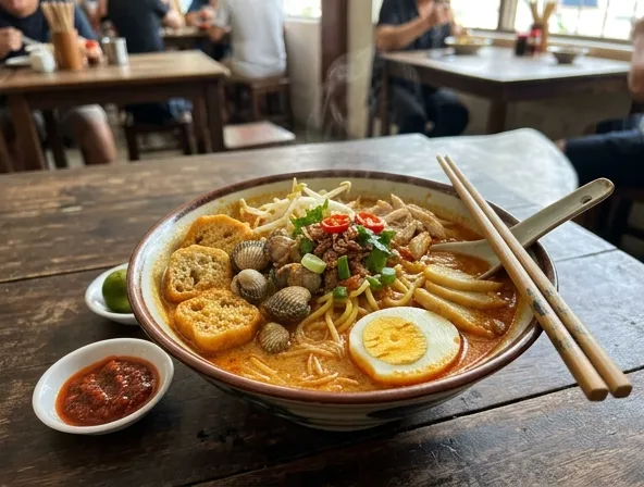 Curry mee Ipoh — mie dalam santan berkari dengan telur rebus dan tauge