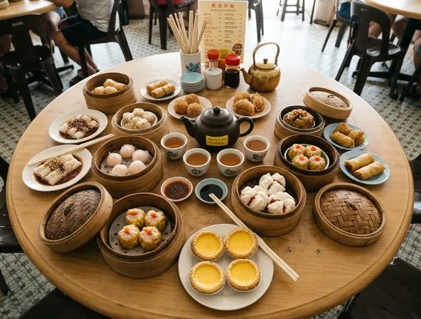Dim sum Ipoh dengan har gow, siu mai, dan chickpea bun dalam bamboo basket