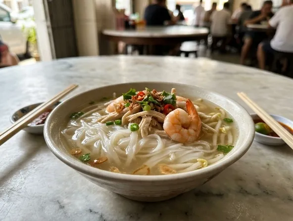 Hor fun dalam sup ayam bersih dengan meat dan kendi tahu