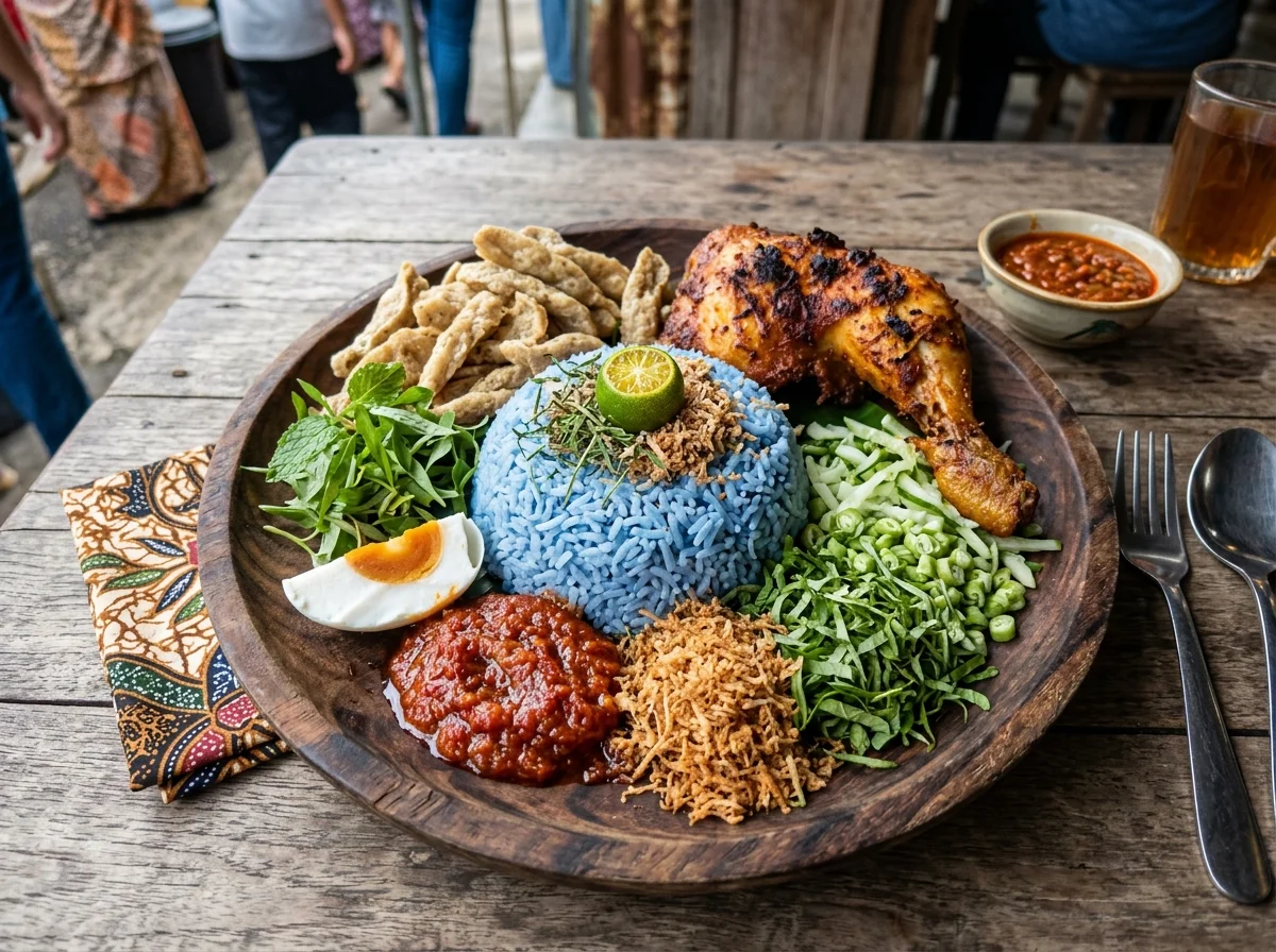 Nasi kerabu biru khas Kelantan dengan ulam dan ayam
