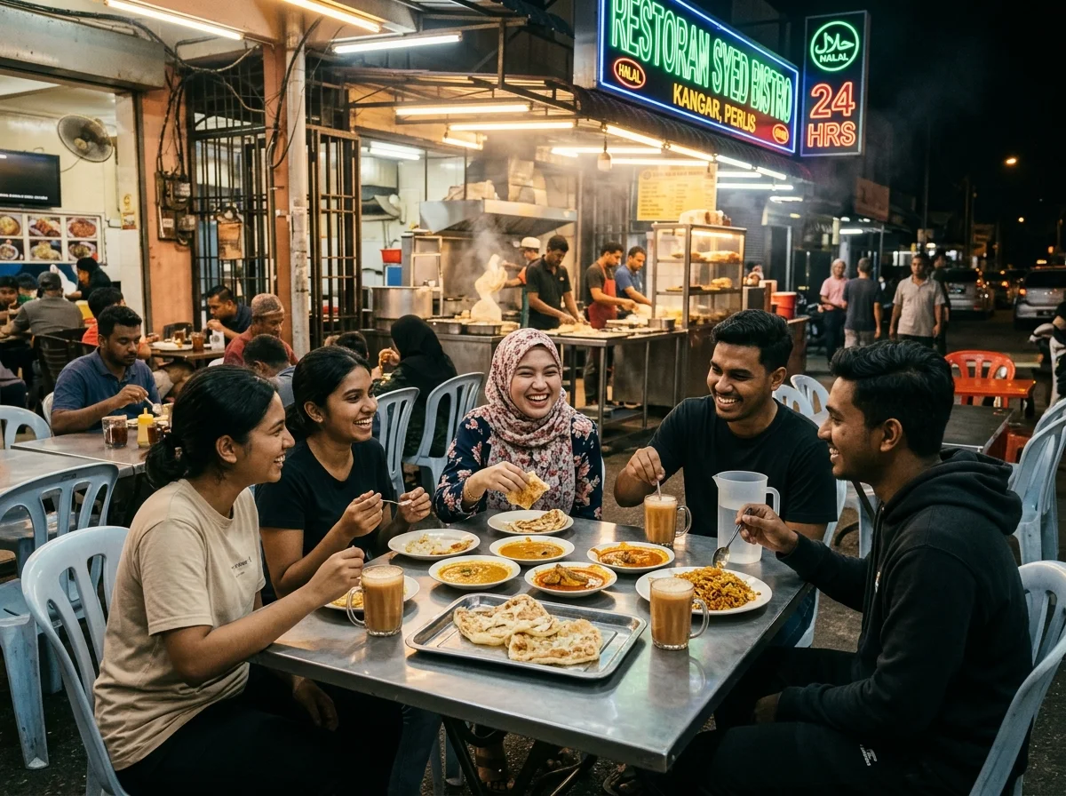 Gerai mamak di Kangar dengan roti canai dan teh tarik