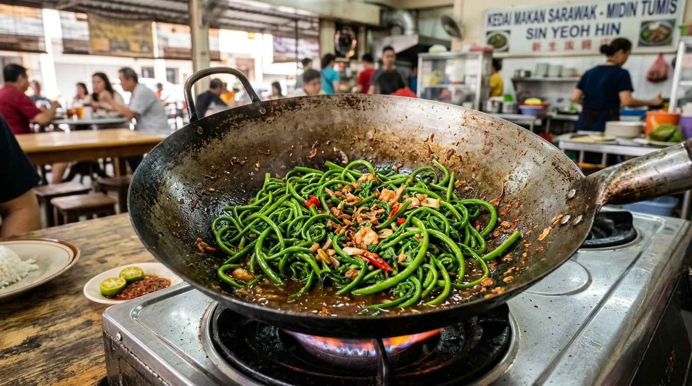 Midin tumis belacan sayur hutan Borneo