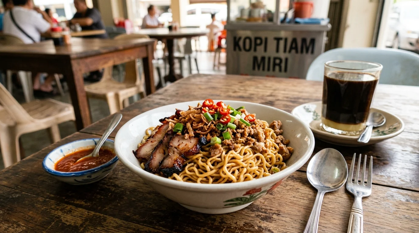 Kolo Mee mee kering Sarawak dengan char siu di Miri