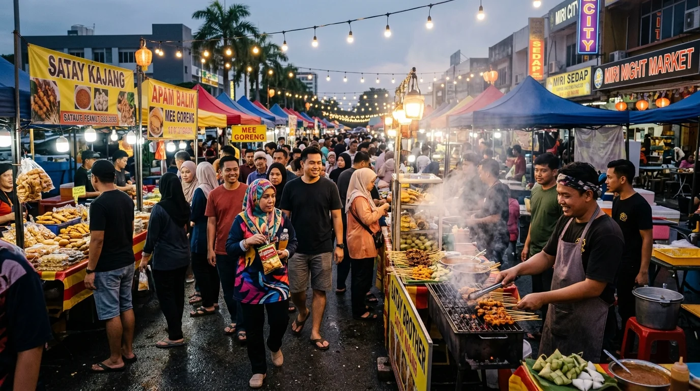 Gerai makanan pasar Tamu Muhibbah Miri waktu malam