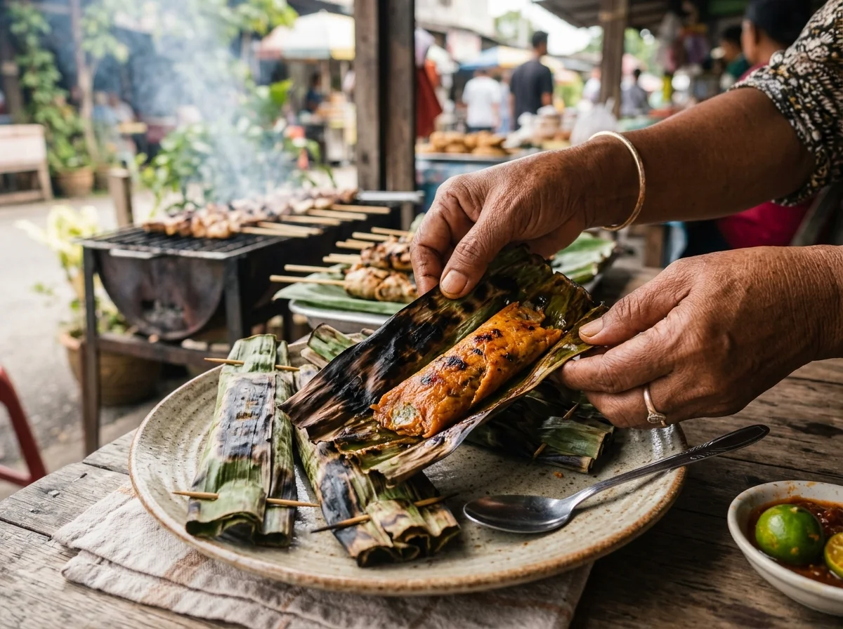 Otak-otak Muar yang dibakar dalam daun pisang