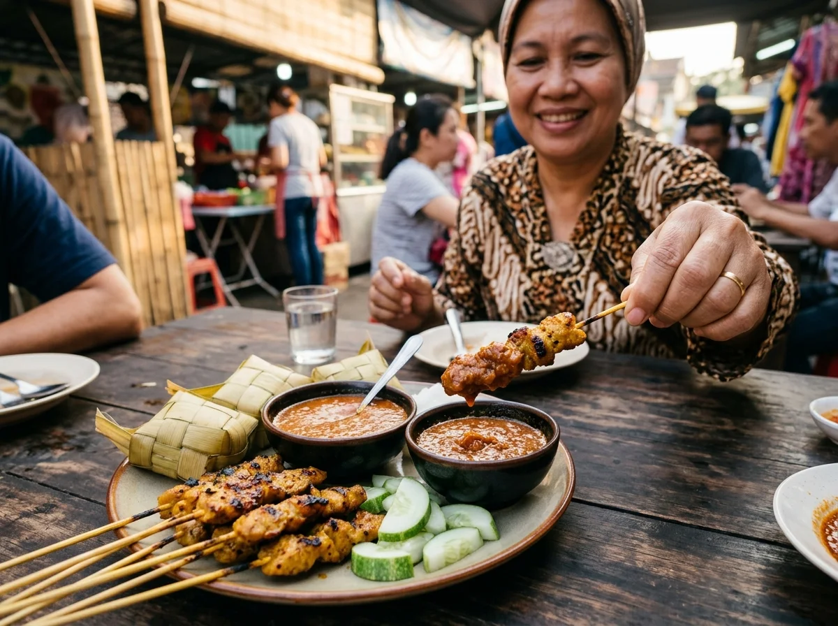 Satay bakar dengan kuah kacang dan ketupat