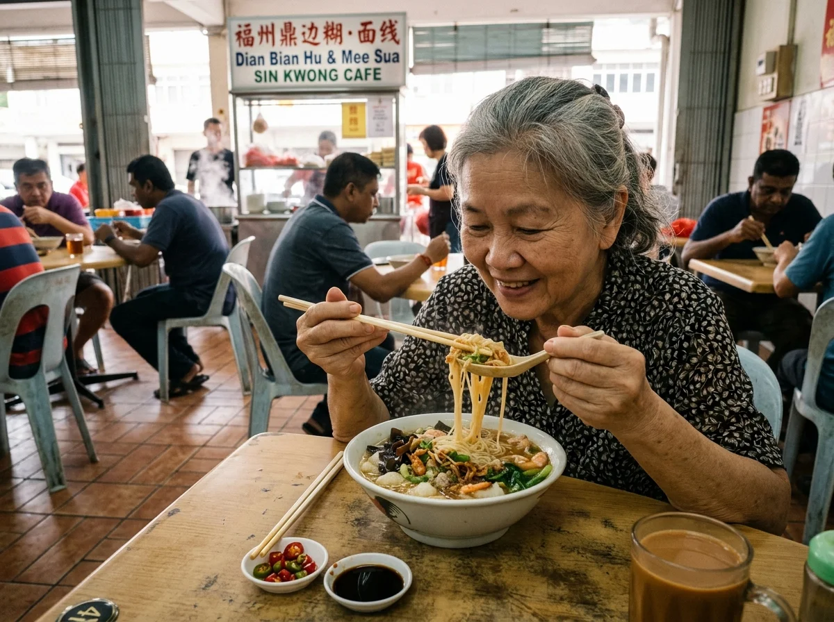 Dian bian hu dan mee sua Foochow dalam mangkuk di Sibu