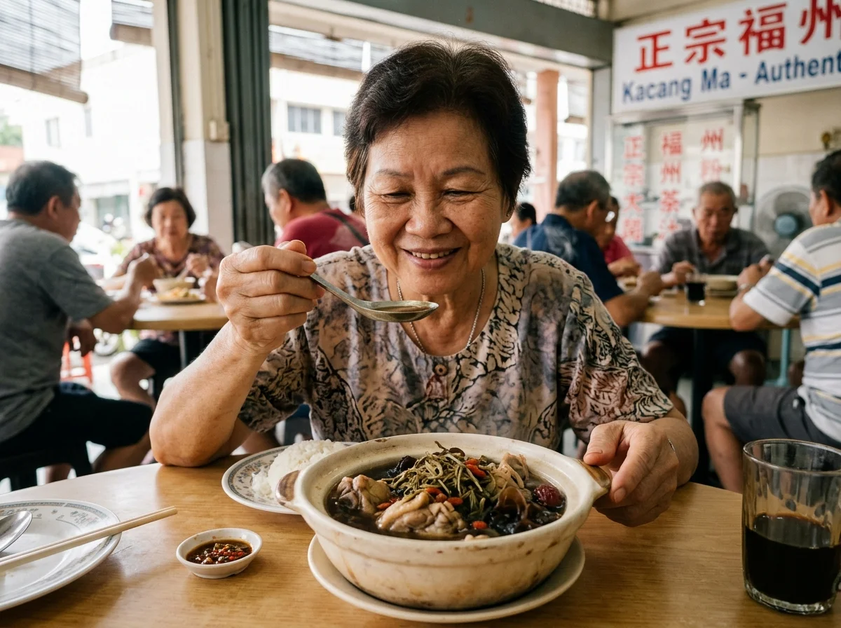 Kacang ma — sup ayam herba Foochow di Sibu