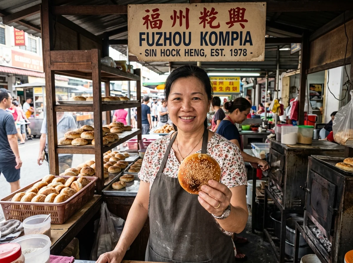 Kompia — roti bakar Foochow bulat berinti daging di Sibu