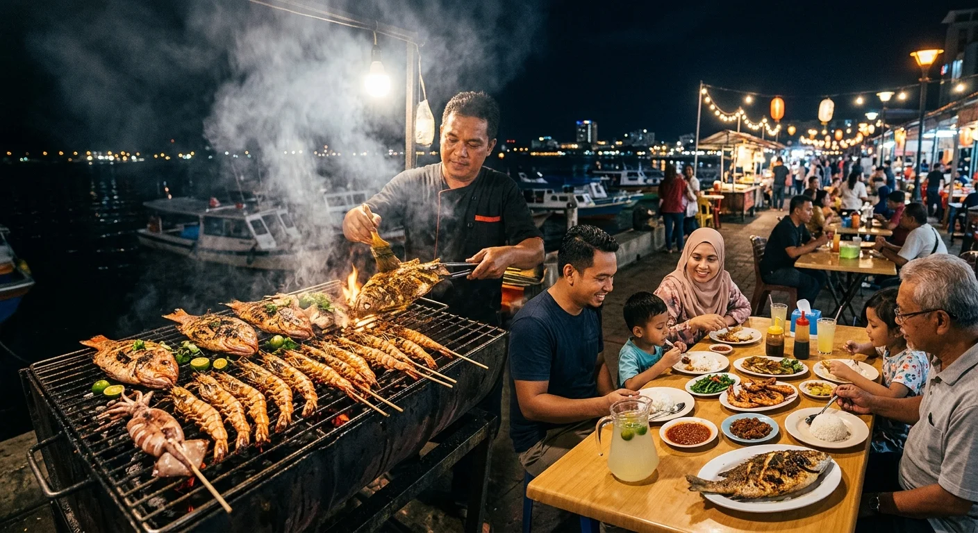 Seafood bakar Sandakan — ikan segar Laut Sulu panggang tepi laut