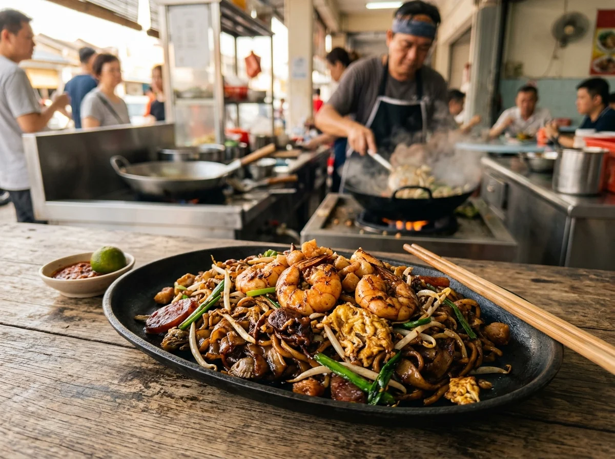 Sepinggan char koay teow goreng dengan udang dan taugeh