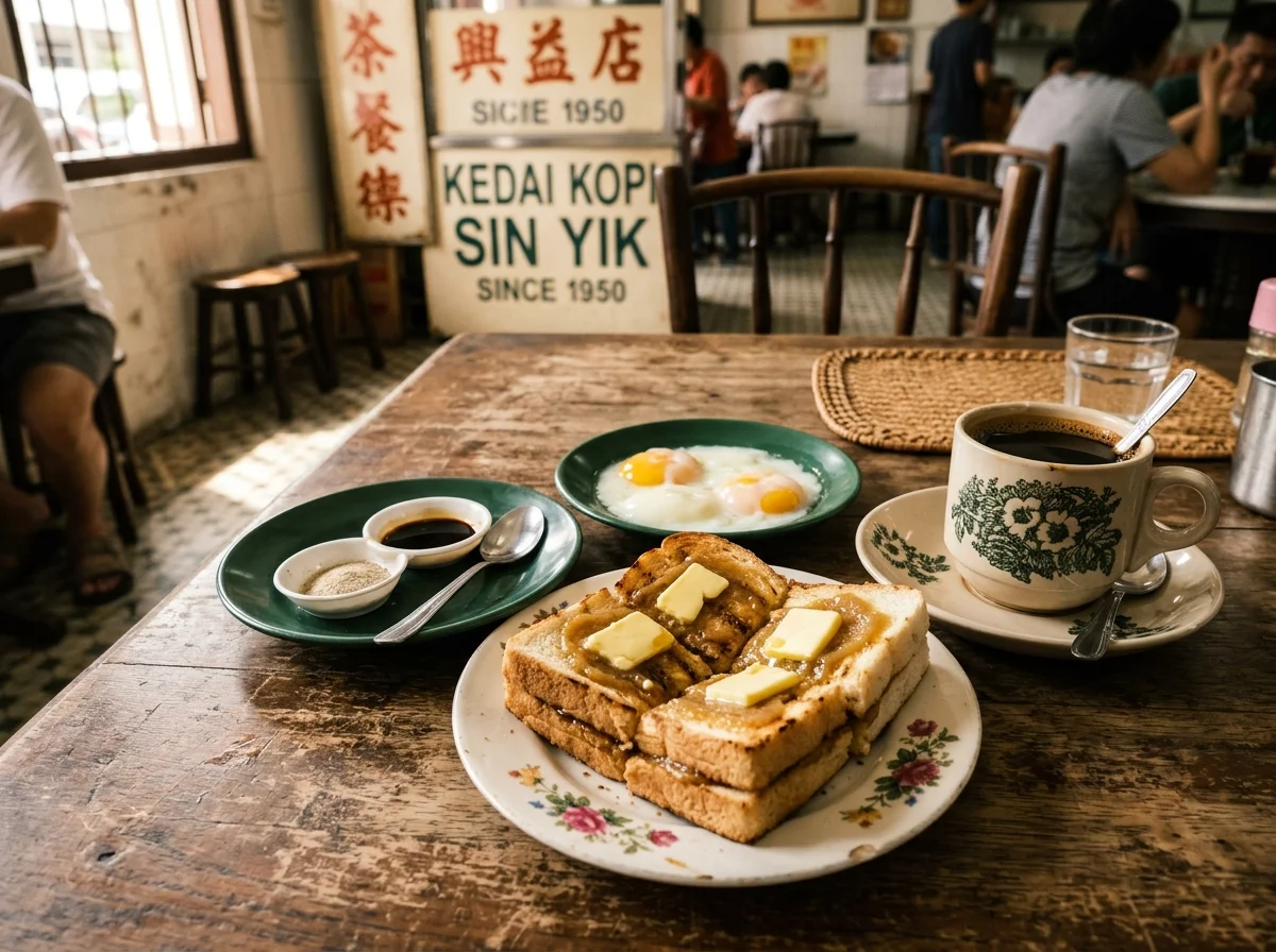Sarapan kopitiam roti bakar kaya dan telur separuh masak
