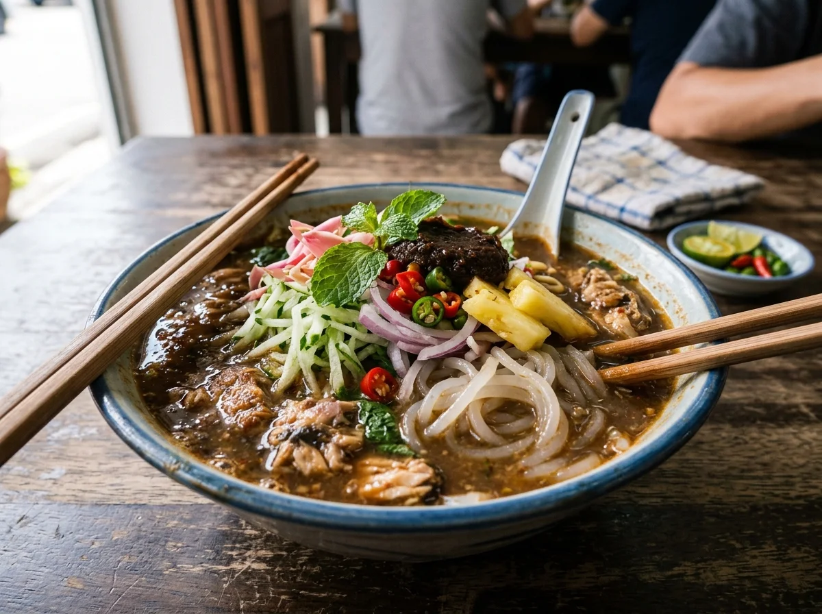 Semangkuk asam laksa Pulau Pinang dengan ikan dan hiasan