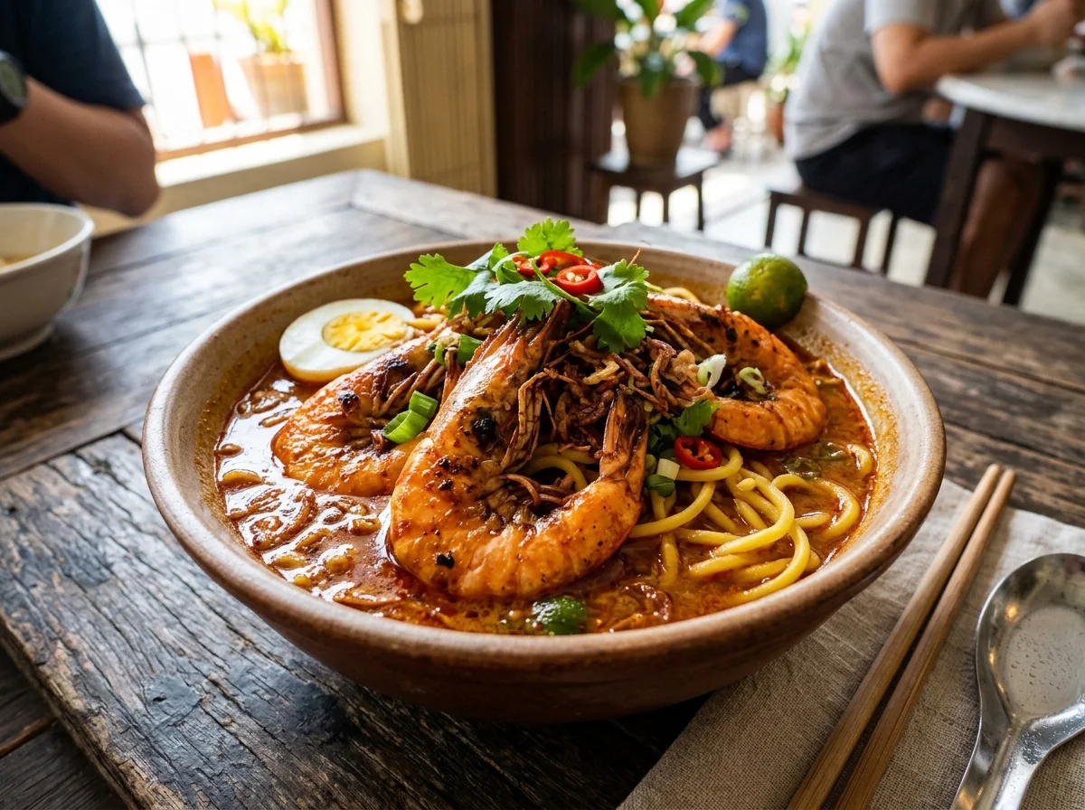 Semangkuk mee udang dengan kuah udang pekat