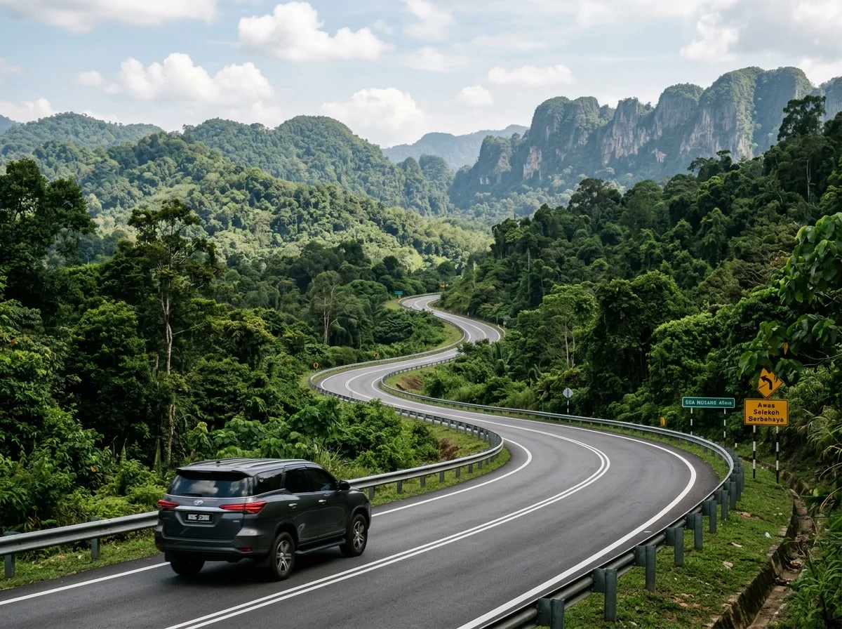 Kereta di lebuhraya hutan menuju Gua Musang