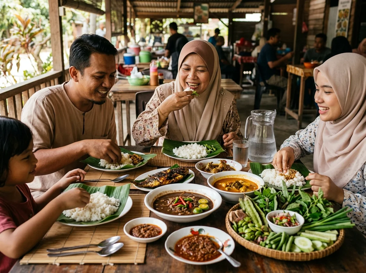 Hidangan budu dengan nasi dan ulam segar