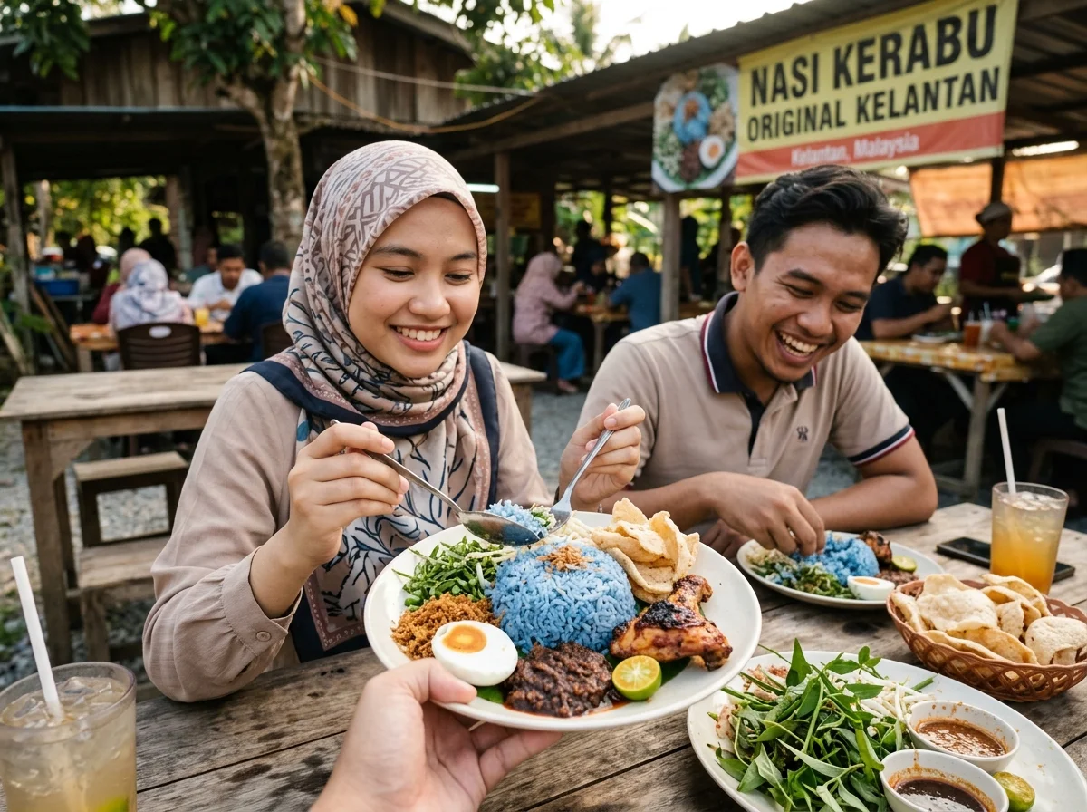 Nasi kerabu Kelantan dengan nasi biru dan ulam