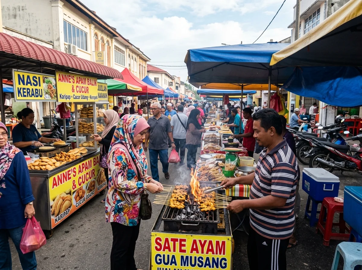 Gerai pasar dan makanan ringan di Gua Musang